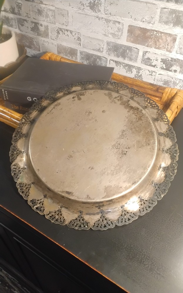 Home Decorators Silver Plated Round Tray Platter Reticulated scalloped 12.75”
