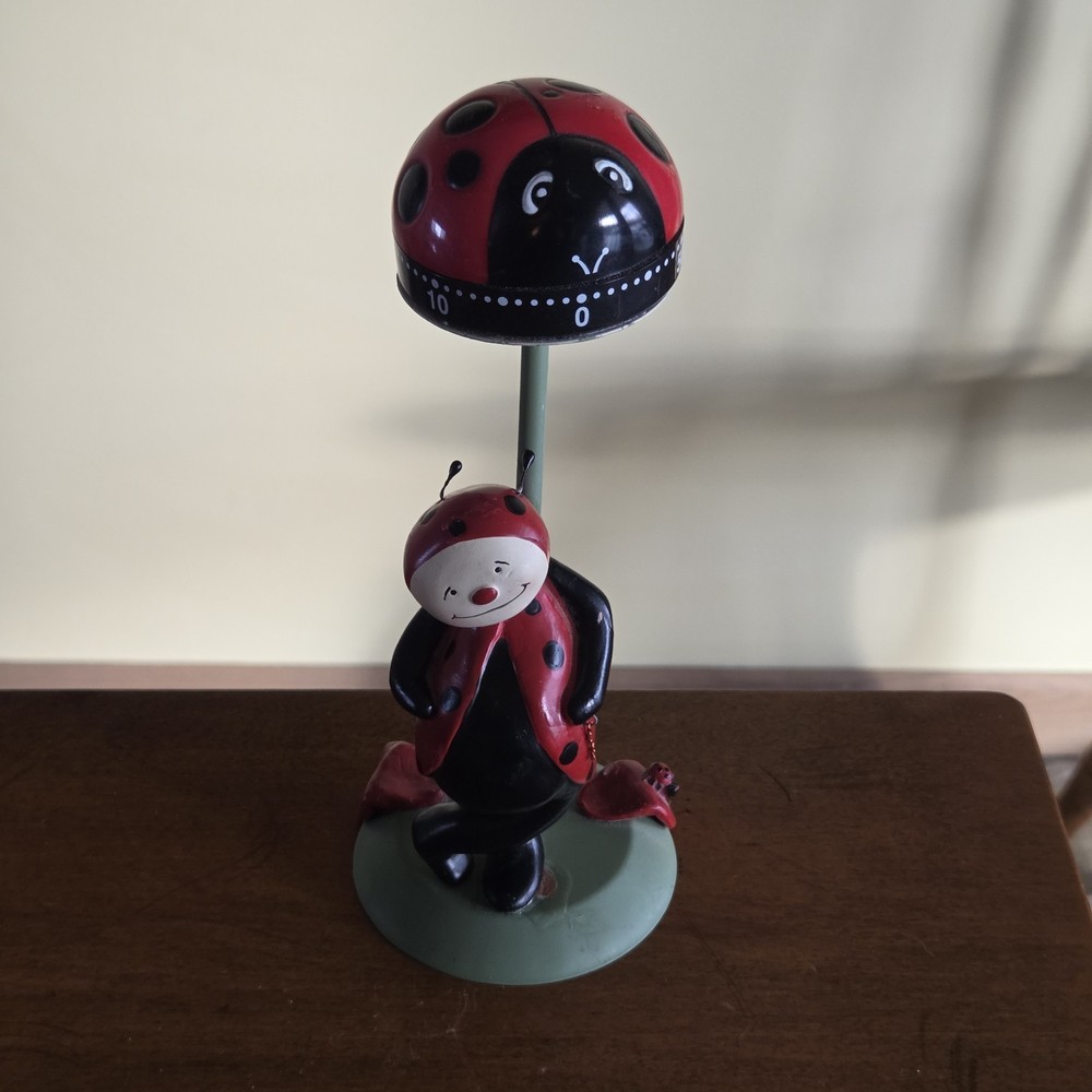 Ladybug Kitchen Timer on Handmade Stand with Anthropomorphic Ladybug Figure 8.5"