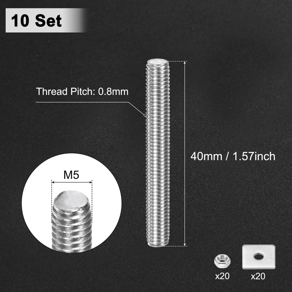 10-Set Fully Threaded Rod, M5x40mm Right Hand Thread Bar Studs with Nuts