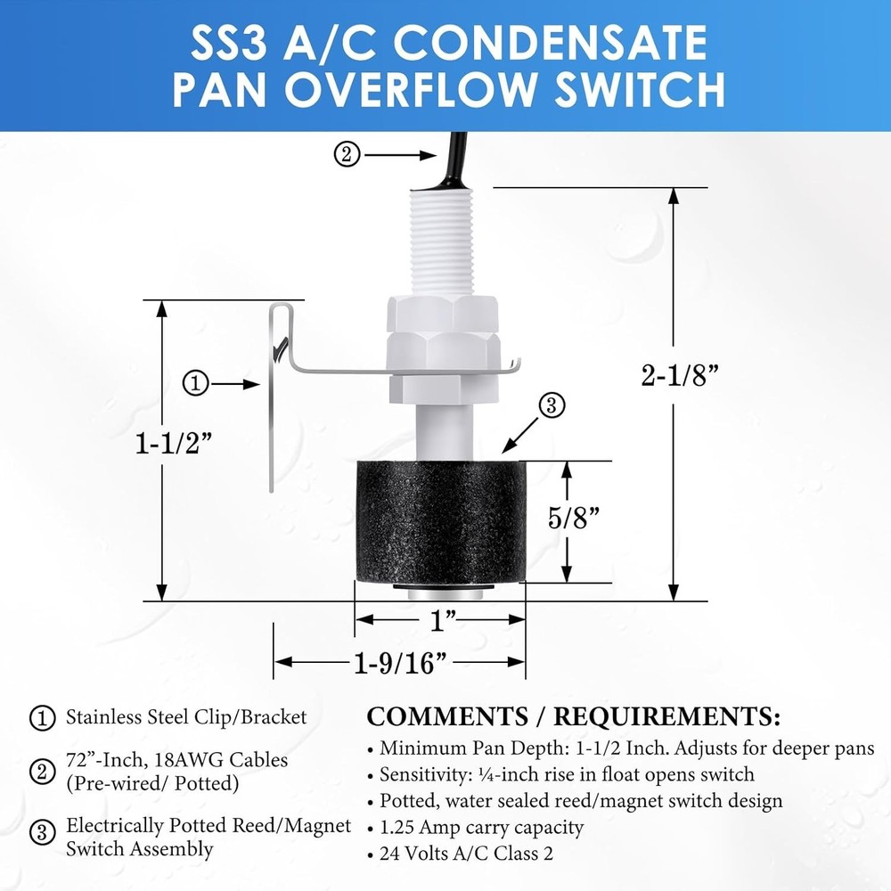 SS3 Float Switch Condensate Overflow Switch for HVAC Drain Pan Condensate 97647