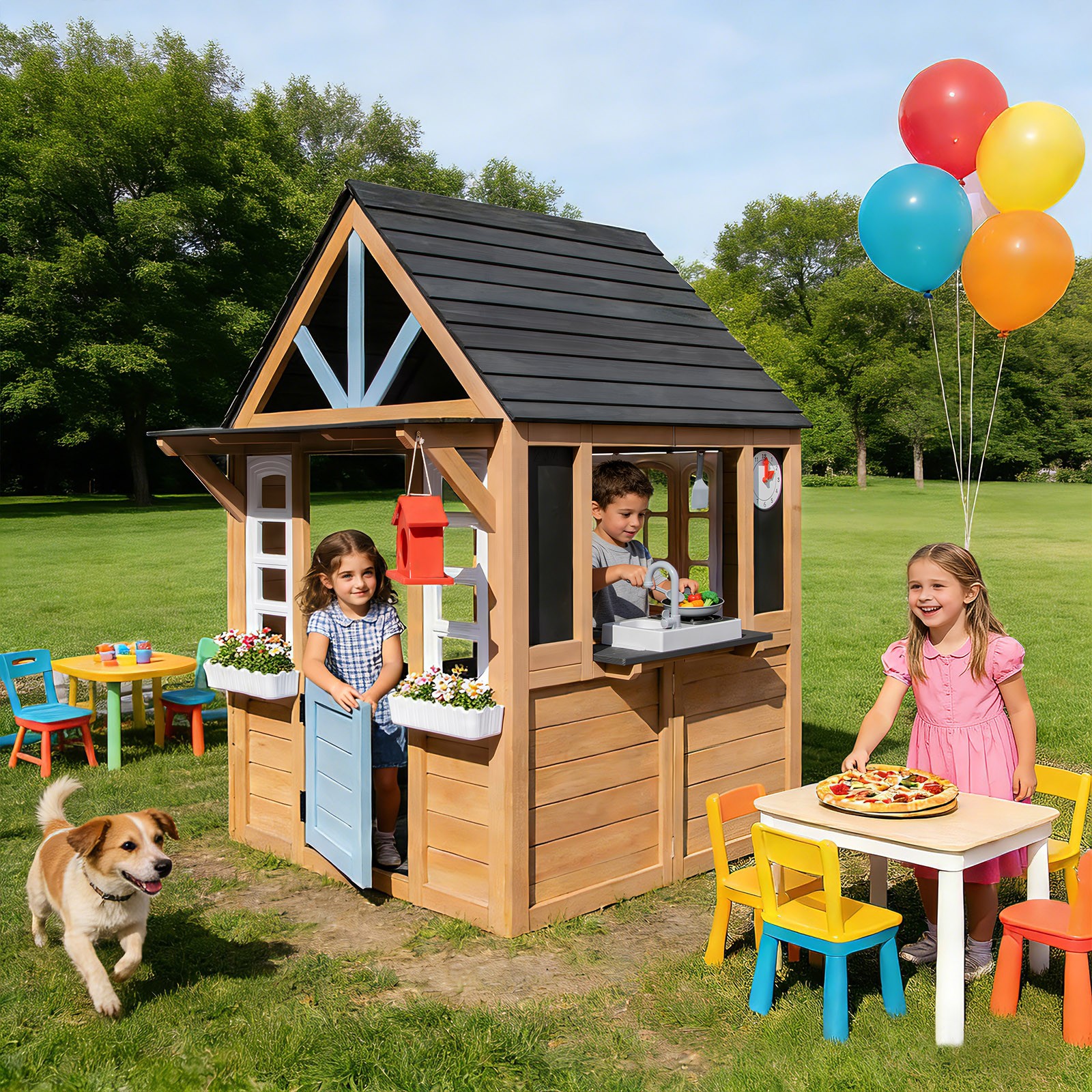 Outdoor Wood Kid Playhouse Backyard Garden Cottage Play Kitchen,Bench,Chalkboard