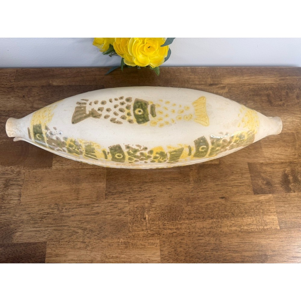 Vintage Fish Shaped Bakeware Covered Dish Ceramic Roaster Rustic Kitchen Decor