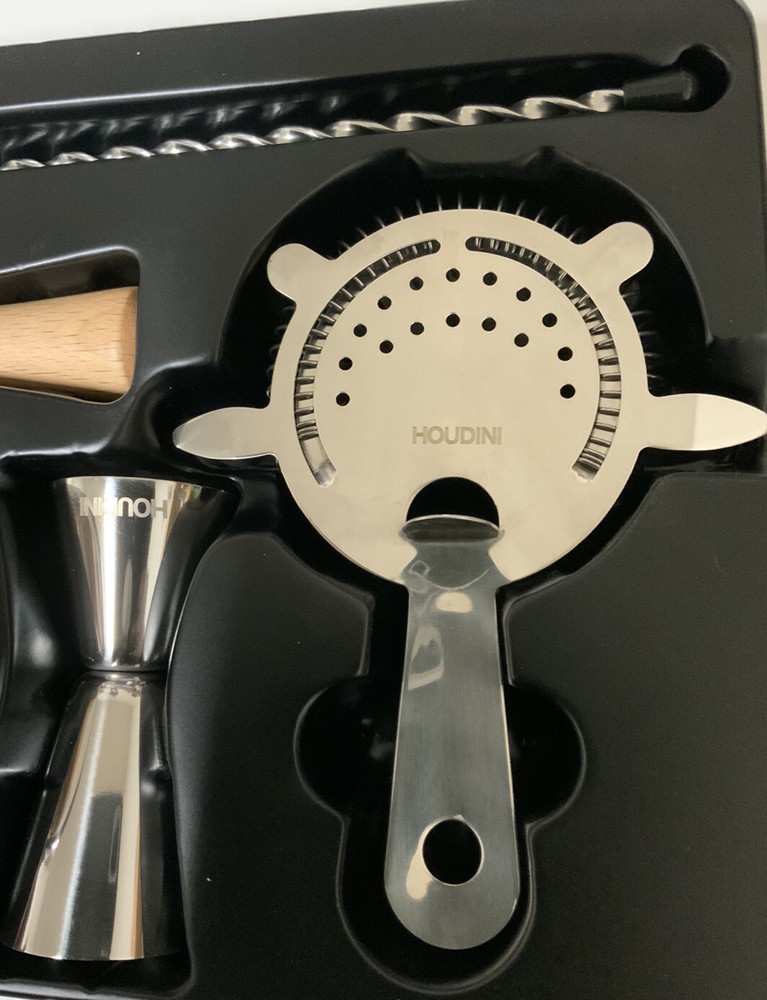 🧷 HOUDINI 5 pc BAR SET, DOUBLE JIGGER,COCTEL STRAINER, SILVER 🆕 as shown