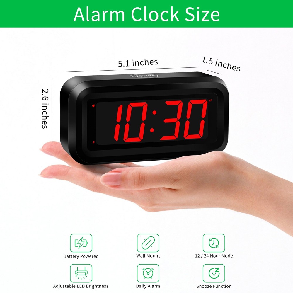 Alarm Clock LED Digital Clock Small Wall Clock Battery Operated Adjustable 3-...