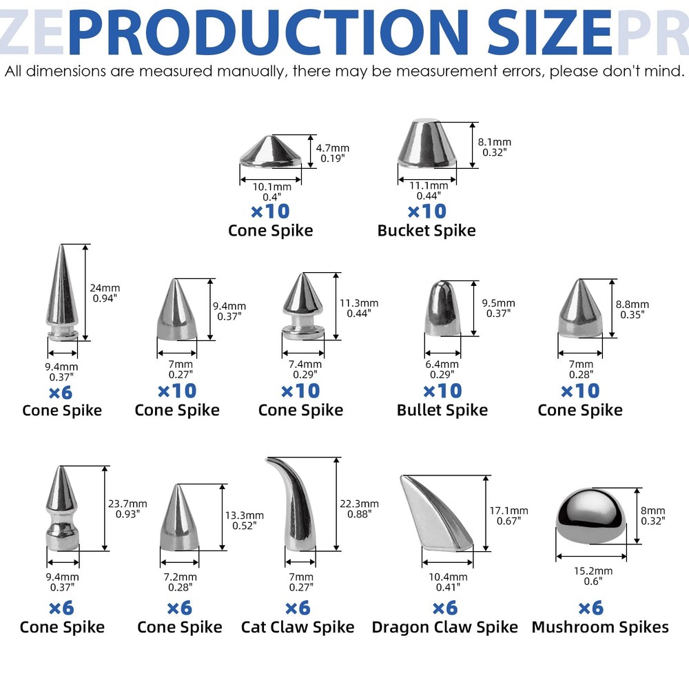Glarks 98Pcs Silver Mixed Shape Spikes Studs Rivets Kit with Install Tools, Scre