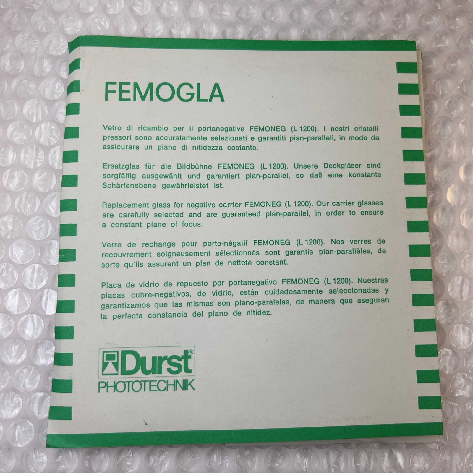 DURST Femogla and Femogla AN, Glass for Femoneg Negative Carrier L1200