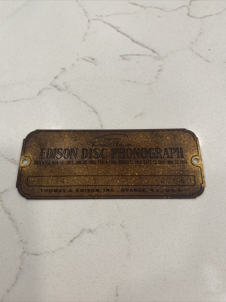 Vintage Edison Diamond Disc Phonograph BC-34 Baby Console Replacement Name Plate