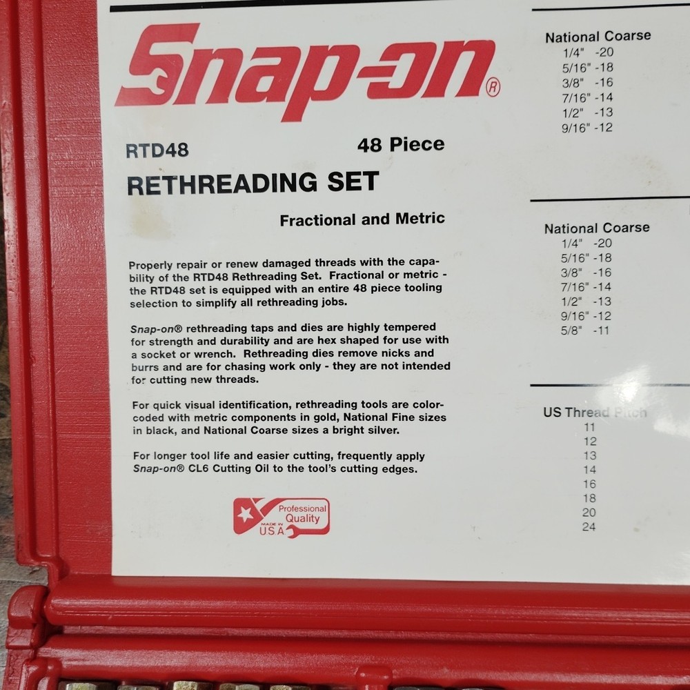 Snap On RTD48 Tap & Die Rethreading Set Threading Tool Red Hard Case Incomplete