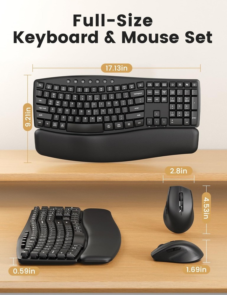 Wireless Keyboard and Mouse Combo, 30dB Quiet Ergonomic Wave Keyboard Set wit...