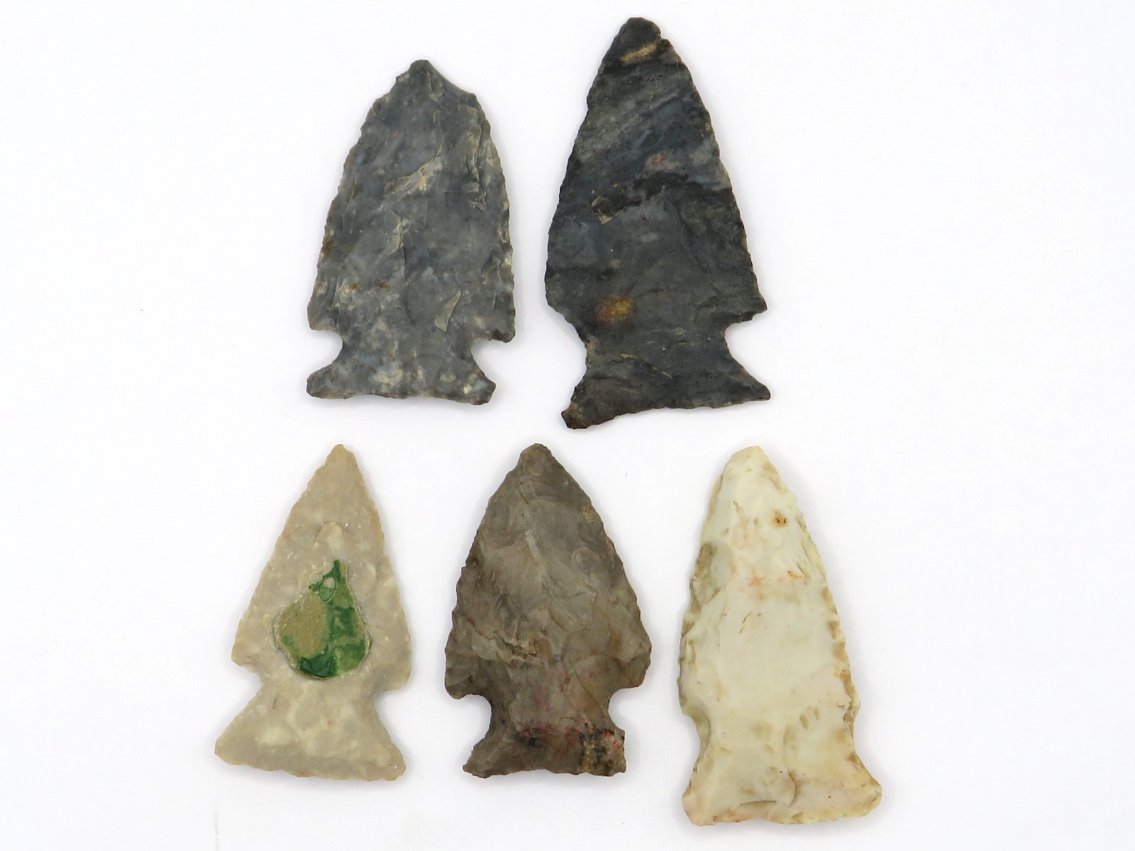 5pc LOT of NOTCHED INDIAN ARROWHEAD - AUTHENTIC w GREAT COLORS**
