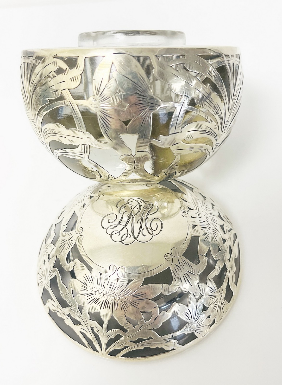 Antique Sterling Silver Overlay Art Nouveau Floral Ball Inkwell Monogram 3.5"