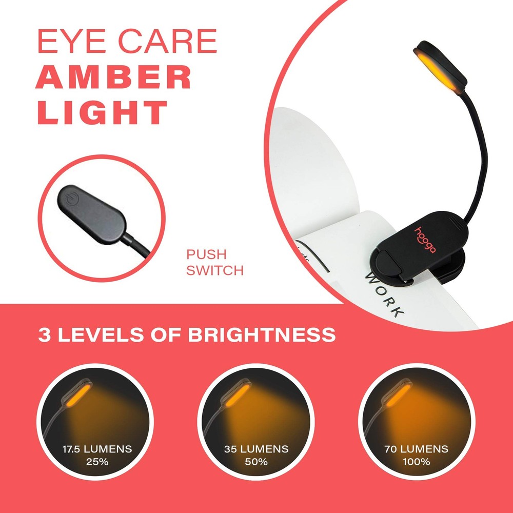 Amber Book Light Rechargeable Clipon Blue Light Blocking Led Reading Light 1600k