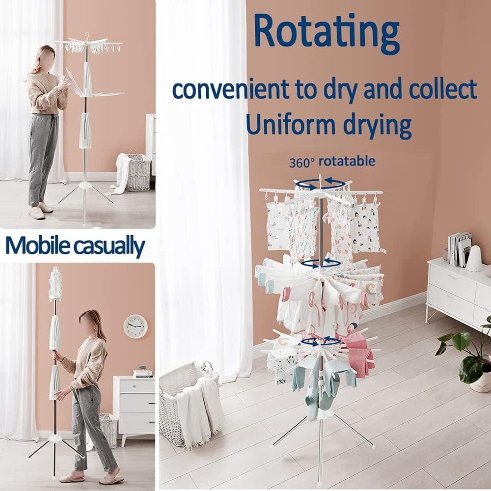 3-Tier Rotating Clothes Drying Rack with Sturdy Alloy and PP Plastic
