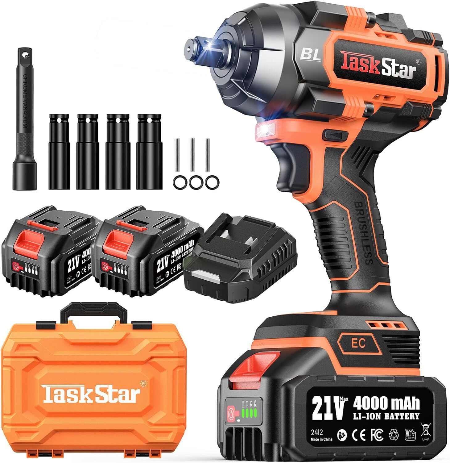 TaskStar Cordless Impact Wrench 1/2“, 1110 Ft-lbs(1500 N.m) 2 * 4.0 Ah Battery