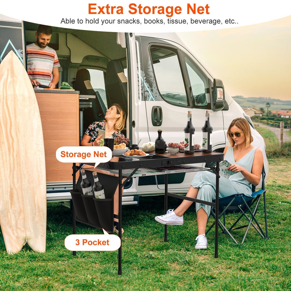 Camping Table Collapsible Aluminum Grill Stand BBQ Table Storage Net Adjustable