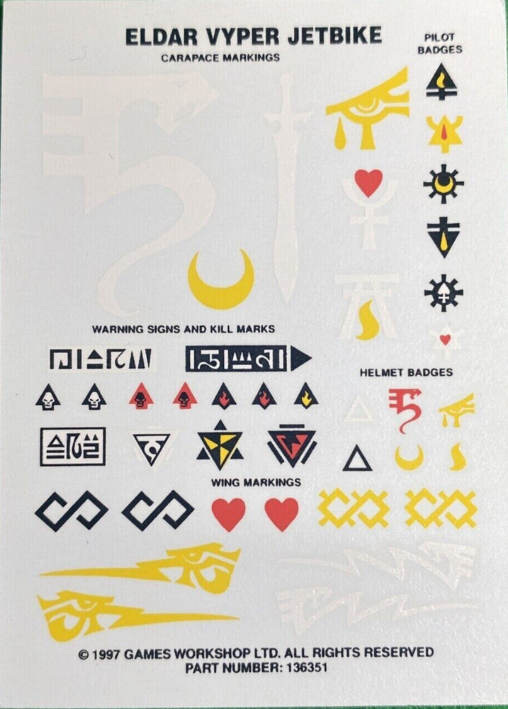 Warhammer 40k Eldar Vyper Jetbike transfer sheet - New