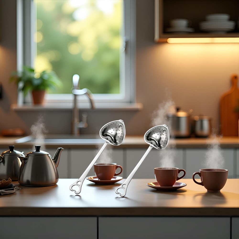 2 PCS Silver Tea Strainers Heart Shaped Infuser Filter Long Spoon Diffuser