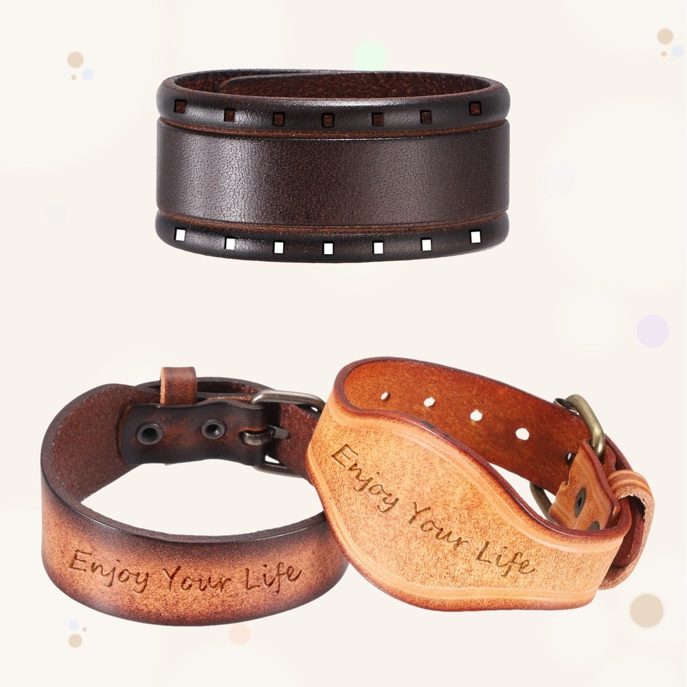 2Pcs Plain Leather Bracelets Buckle Bangle,Brown Black Retro Bracelets
