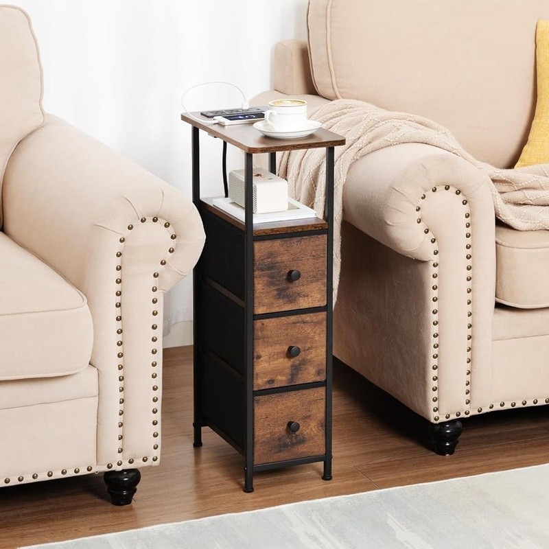 Compact End Table W/ USB Charging Station & Drawer Storage Small Spaces