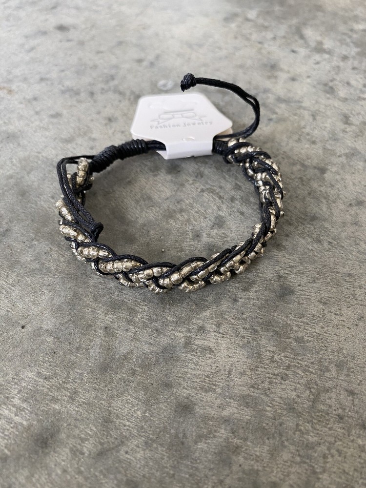Artisan Black Silver Beaded Woven Braided Bracelet