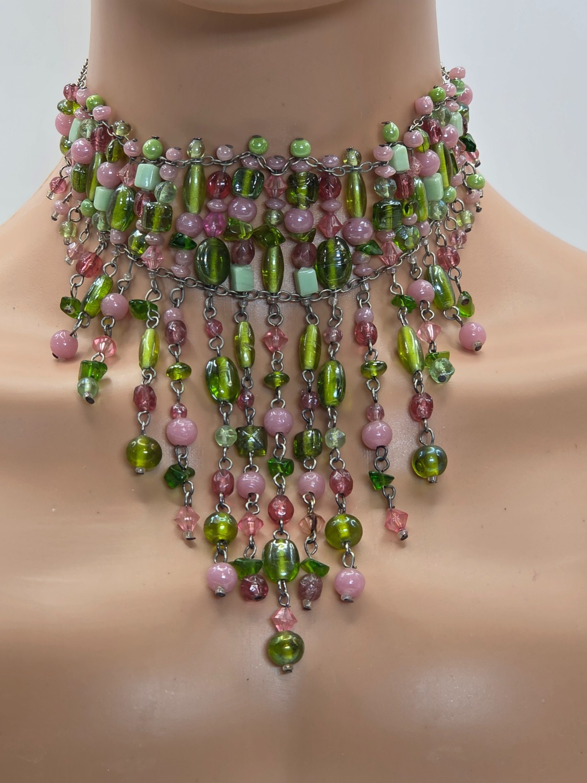 Vintage Artisan Made Cascading Tourmaline and Glass Bead Necklace