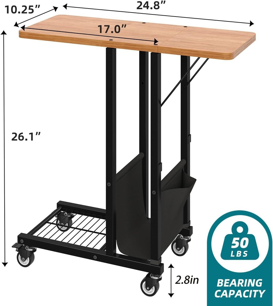 C Shaped End Table Folding TV Tray Couch Side Table Sofa on Wheels Black