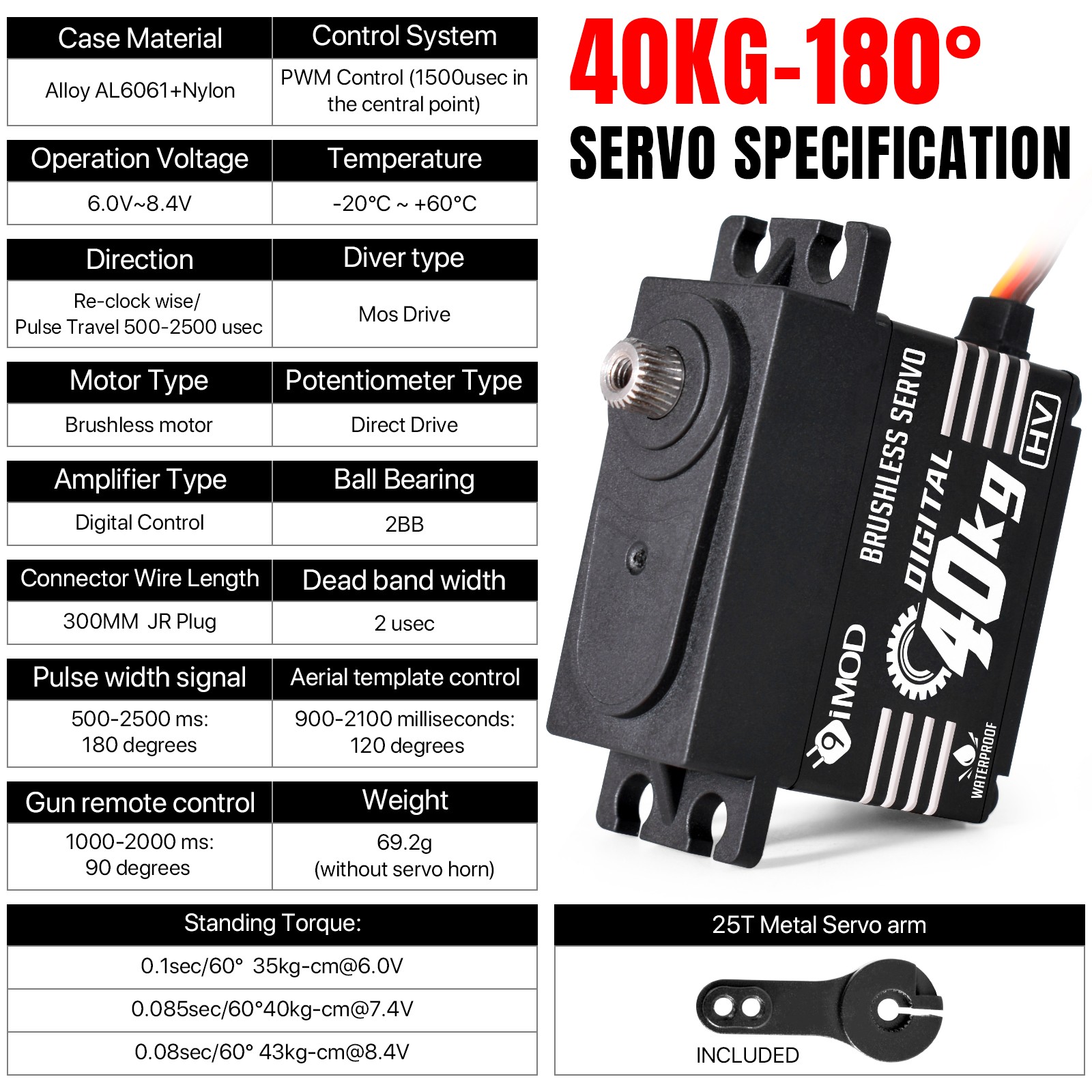180° 40KG Brushless Servo Metal Gear Digital Servo for 1/8 1/10 RC Crawler Car