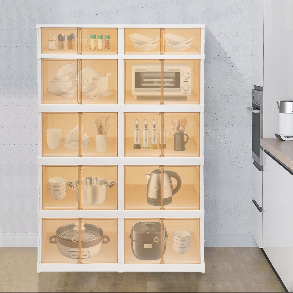 5 Tier Plastic Storage Containers with Doors & Wheels Foldable Organization