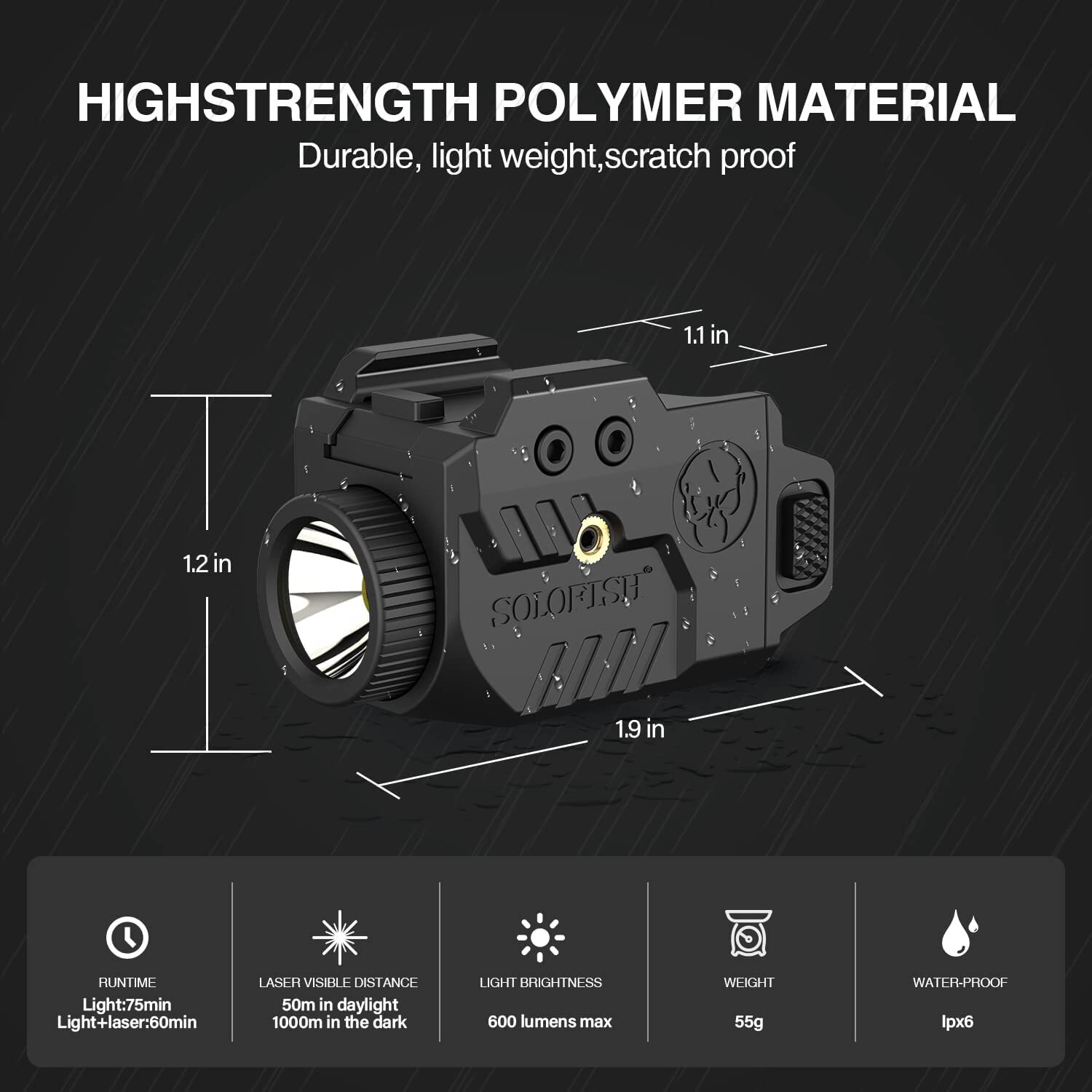 SOLOFISH 600lm Flashlight & Red/Green/Blue Laser Sight Combo Pistol Rechargeable