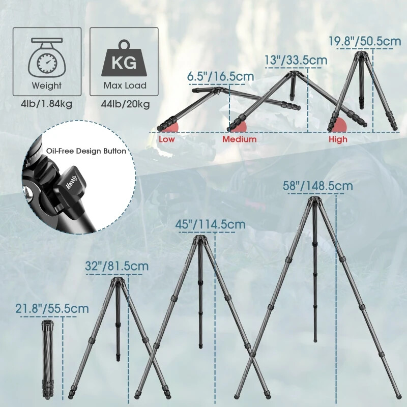 US- Manbily Tripod Carbon Fiber Tripod, 32mm Tube, Max. Load 44lbs/20kg WZ-324