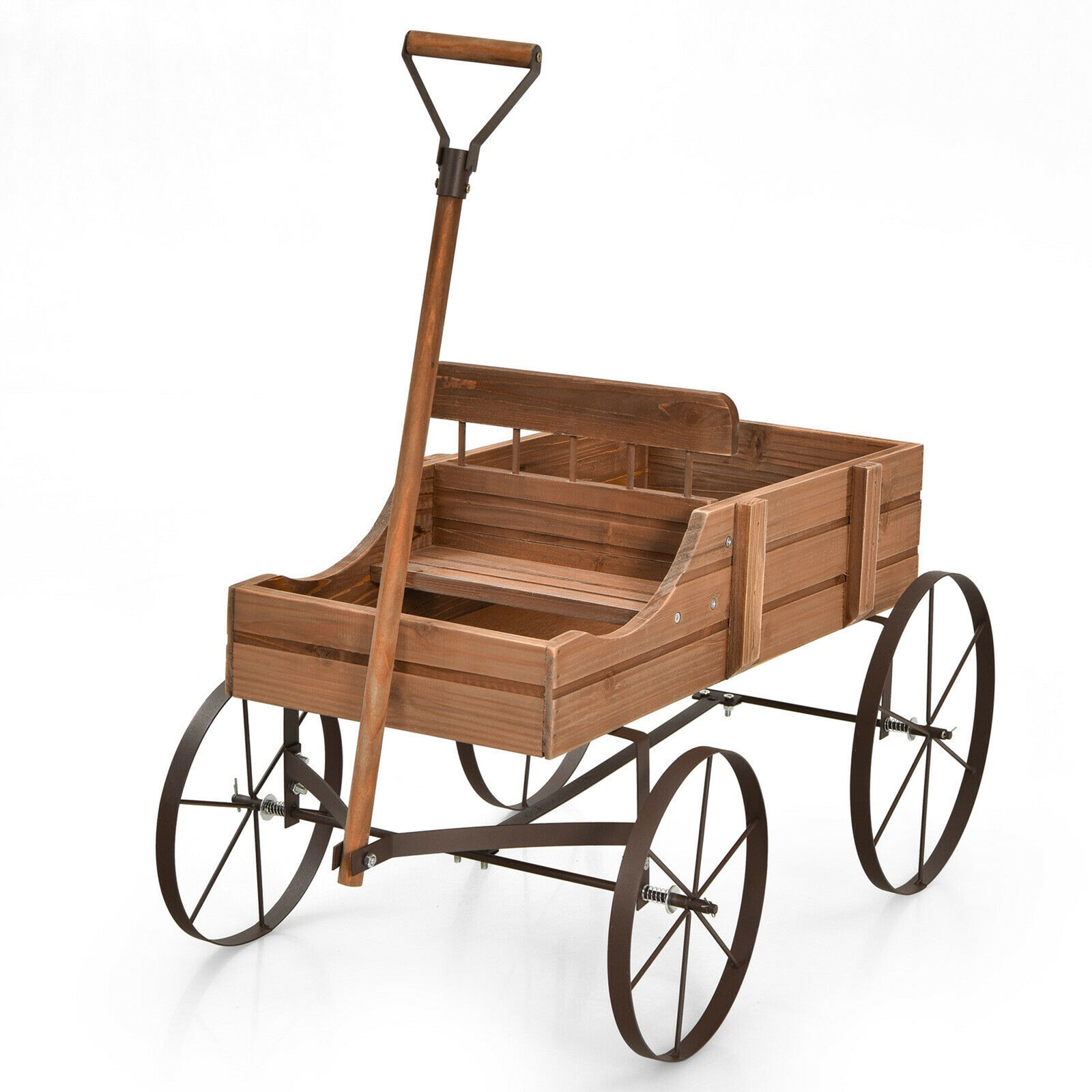 Garden Plant Planter Wooden Wagon Planter W/ Wheel Garden Yard Brown