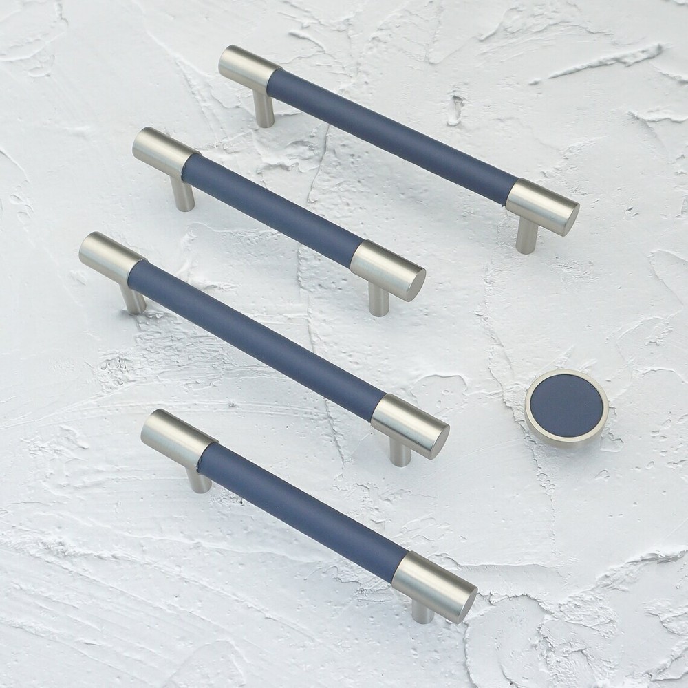 MFYS Navy Blue Leather & Brushed Nickel Cabinet Handle Wardrobe Pull Drawer Pull