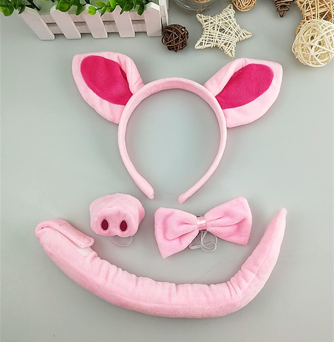 Pig Costume Set Pig Ears Headband Bow Tie Nose and Tail Accessory Kit for Hallow