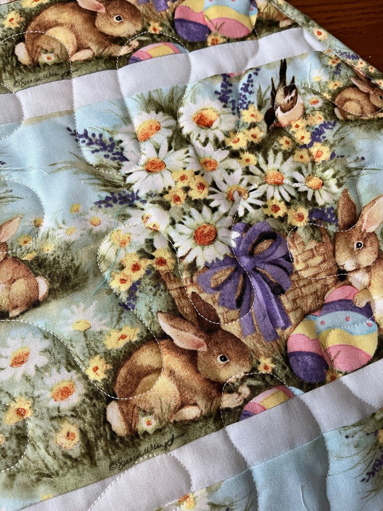 Handcrafted-Quilted Table Runner - Easter Eggs, Bunnies with Flowers NEW 2026
