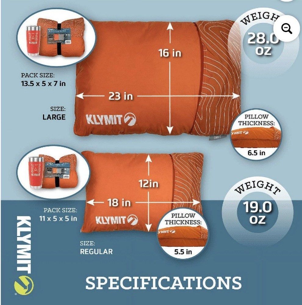 KLYMIT Drift Camping Travel Pillow Shredded Memory Foam