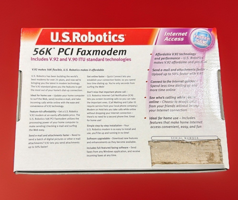 U.S. Robotics 56KV.92 PCIFaxmodem InternetAccess Windows XP2000/98/95 NewOpenbox