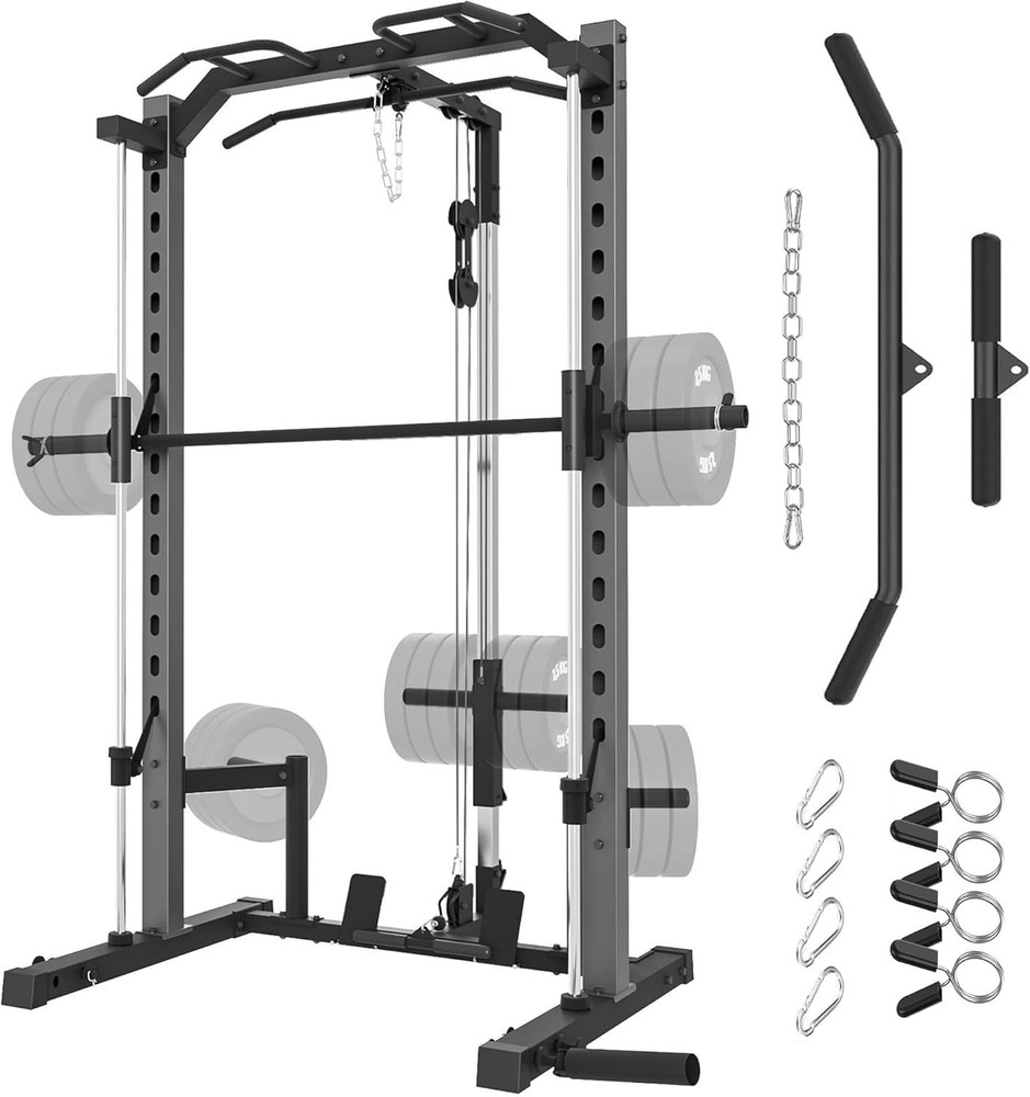 1400 Lbs Power Cage Smith Machine Multi-Function Squat Rack with LAT-Pull Down🔥
