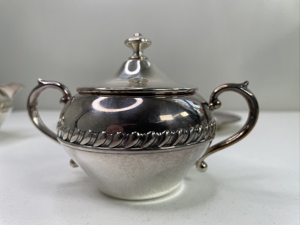 Creamer & Sugar Bowl w/ Tray Silver on Copper Silverplate Braid Rope Set 3 VTG