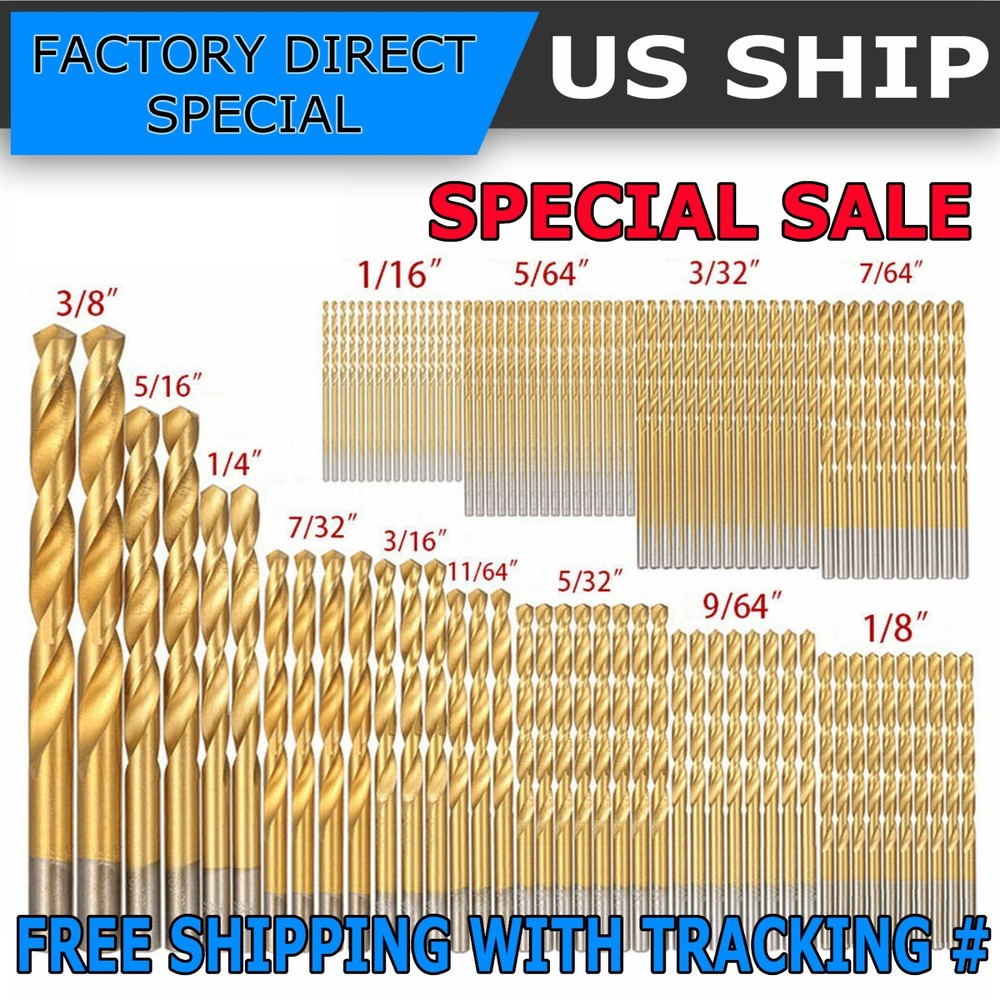 99PCS Drill Bit Set 1/16"-3/8" HSS Titanium Multi Drill Bits Twist Metal Tools