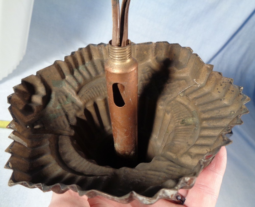 Antique CEILING Hanging Light Fixture WHITE PATTERN GLASS SHADE copper brass