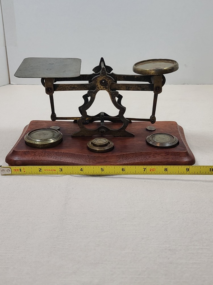 Antique Postal Scale Brass W/Walnut Base and Weights