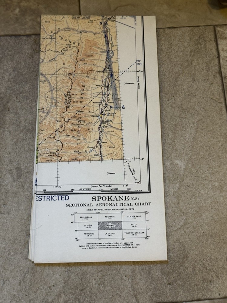 WWII Sectional Aeronautical Chart Map Spokane (X-2) Restricted April, 1943