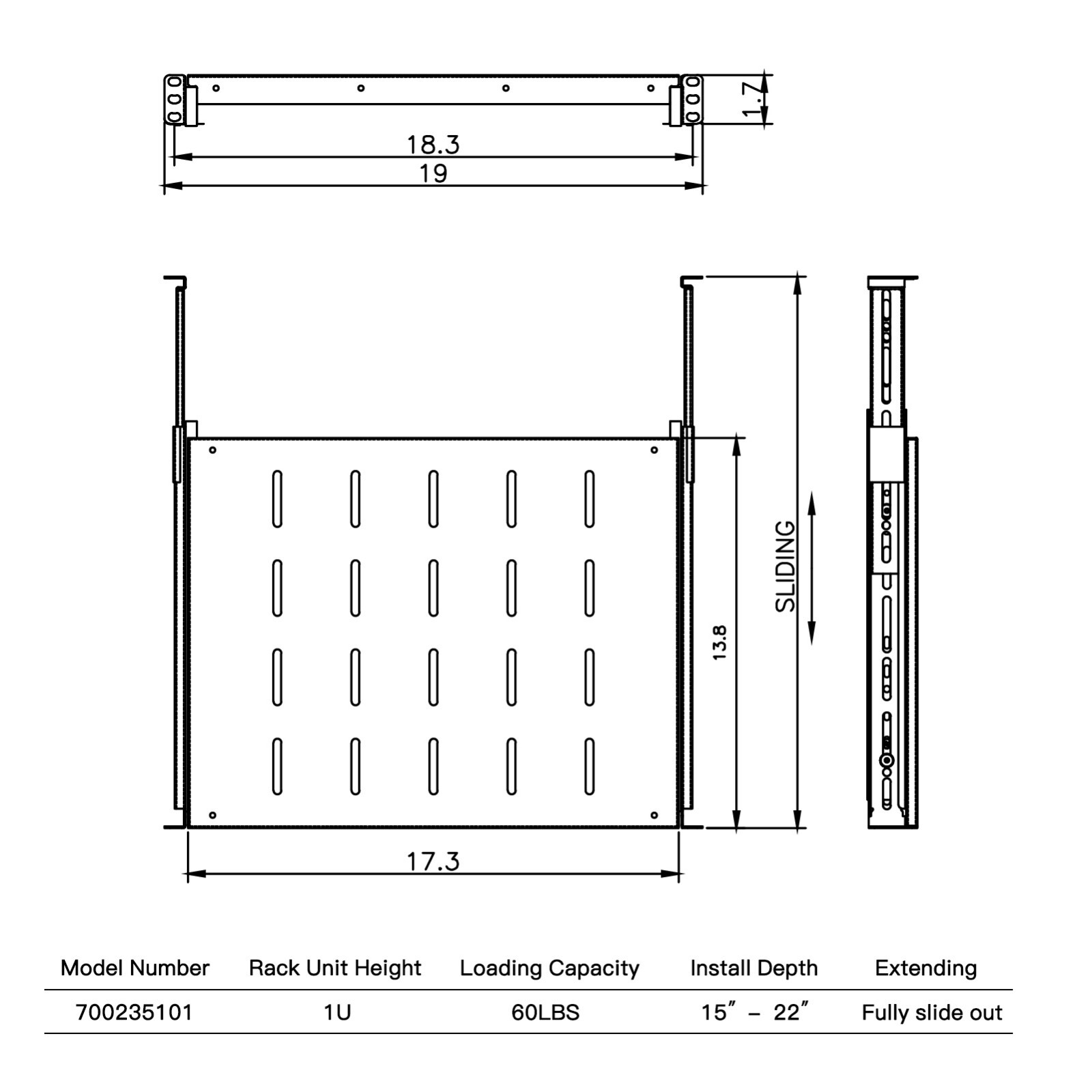 Sliding Rack Server Shelf For Rack 1U 19" 4 Post Rack Mount-Adjustable 15"-22"