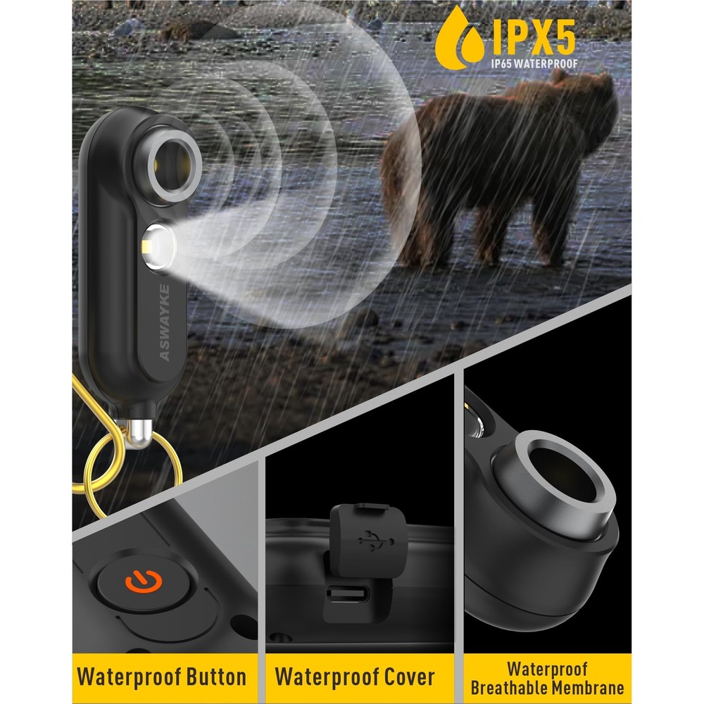 125dB Rechargeable Bear Horn,IPX5 Waterproof & LED Flashlight Bear Deterrent Dev