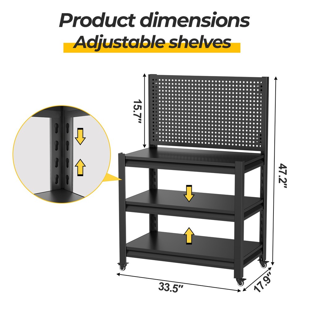 Work Bench with Pegboard,3000lbs Capacity Workbench with Wheels Shelves