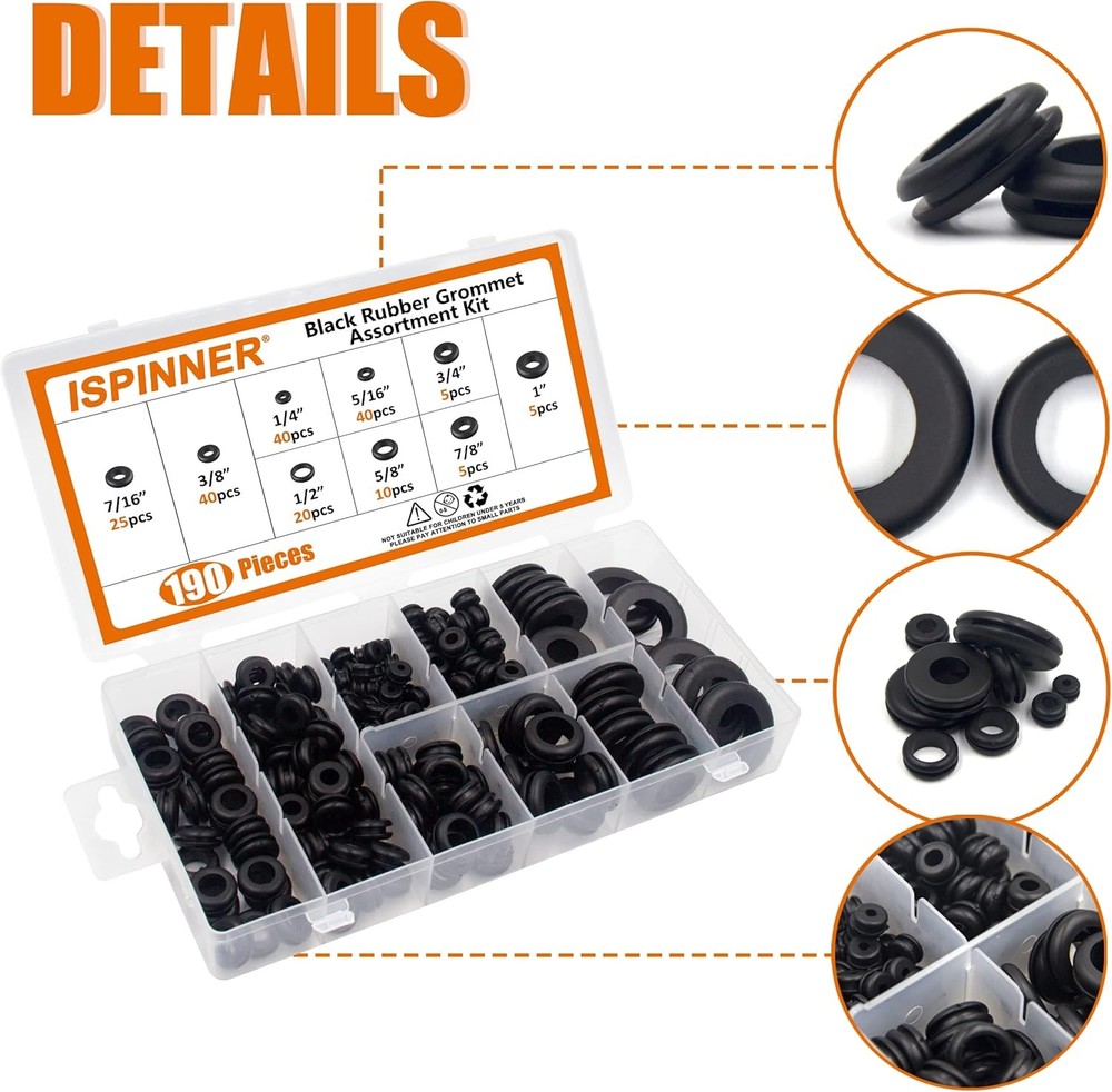 ISPINNER 190pcs Rubber Grommet Assortment Kit, 9 Sizes Eyelet Ring Black