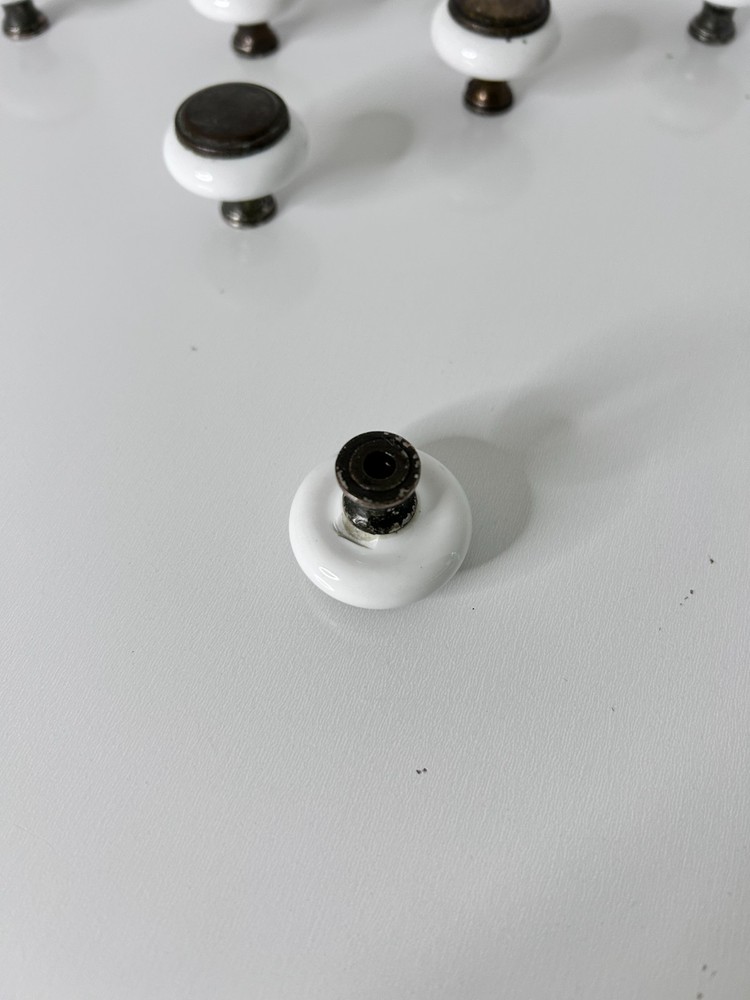 9 Vintage Mushroom White Porcelain Brass Drawer Cabinet Pulls Knobs