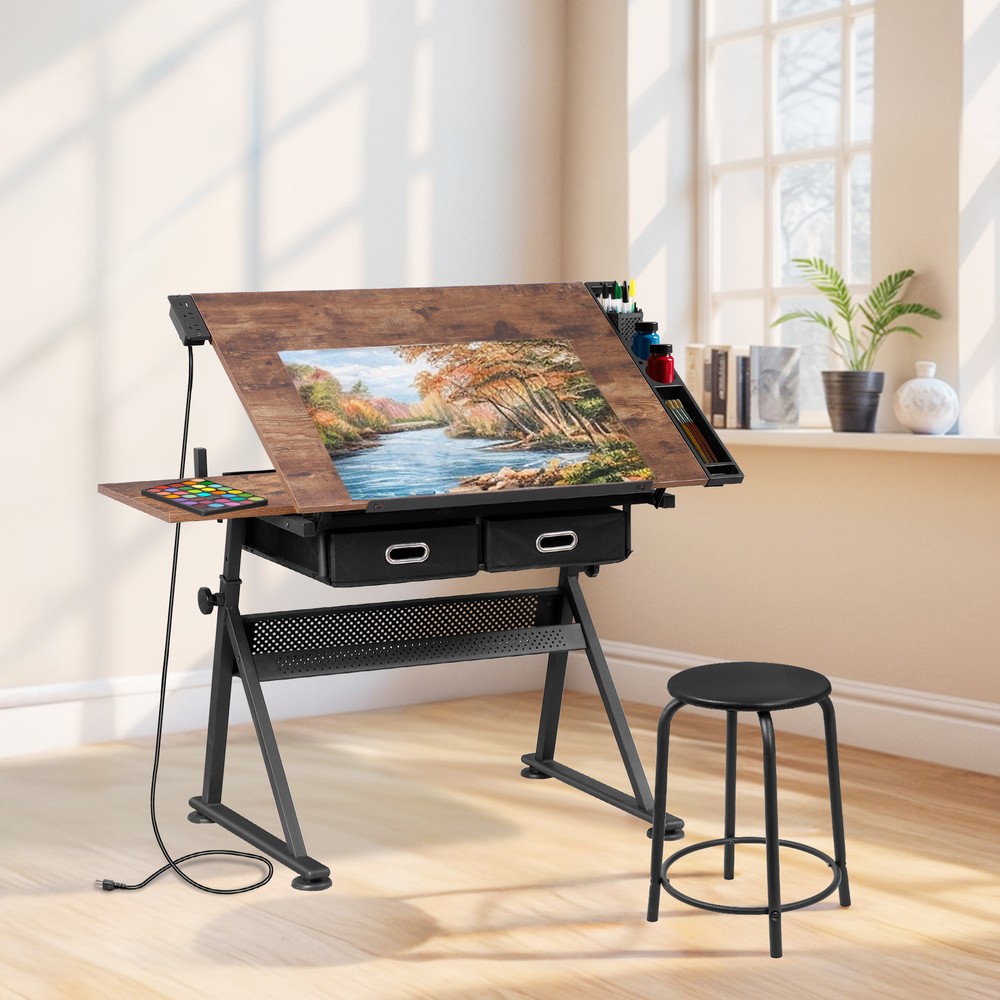 Adjustable Drafting Table & Stool Set Artist Desk with Charging Station Retro