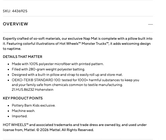 Pottery Barn Kids Hot Wheels Monster Truck Nap Mat Sleeping Bag NEW w/tags