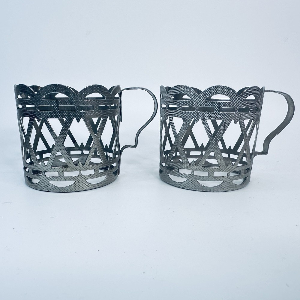 Vintage Pair Podstakannik Tea Glass Holders — Silver-Plated Openwork Cup Holders